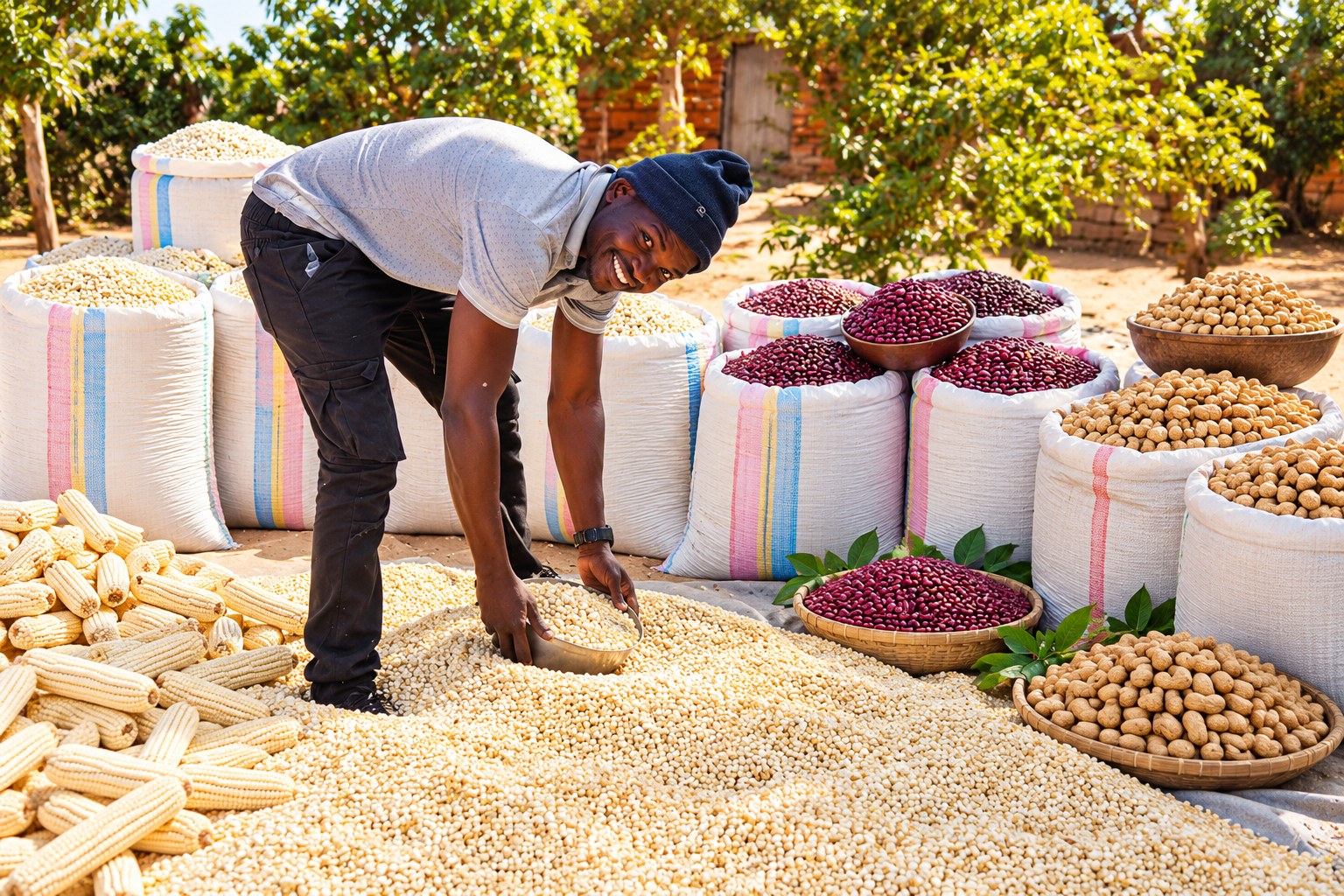 Trans J&S Invest farm produce display showing maize, beans and groundnuts in full sacks