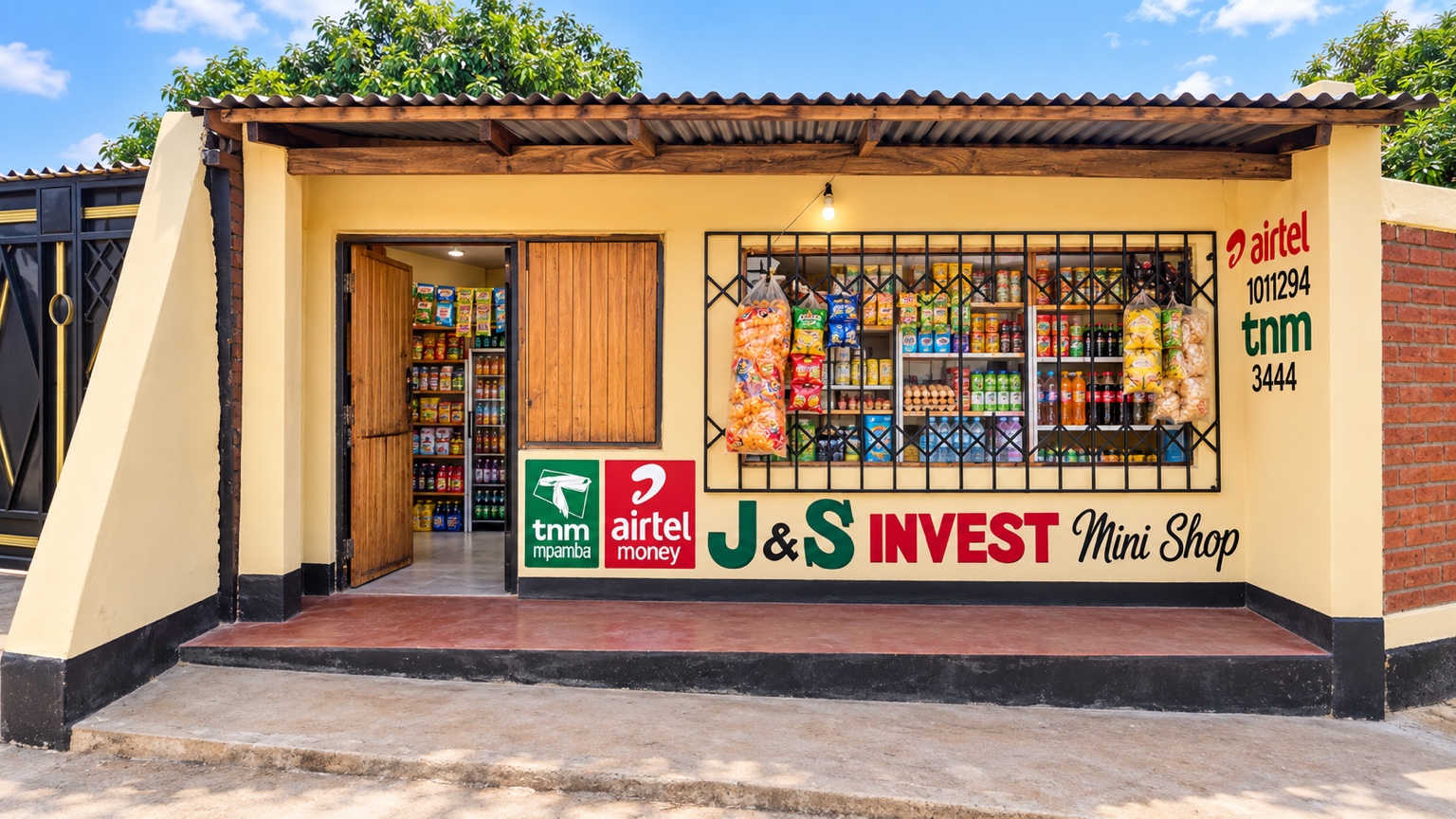 J&S Invest Mini Shop storefront with visible shelves of groceries, Airtel and TNM Mpamba signs.